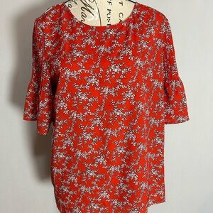French Connection Red Blouse with Flutter Sleeves and Ruffled Style Large